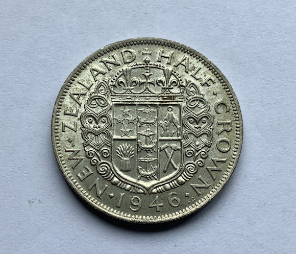 Higher grade 1946 New Zealand Half Crown coin .500 silver